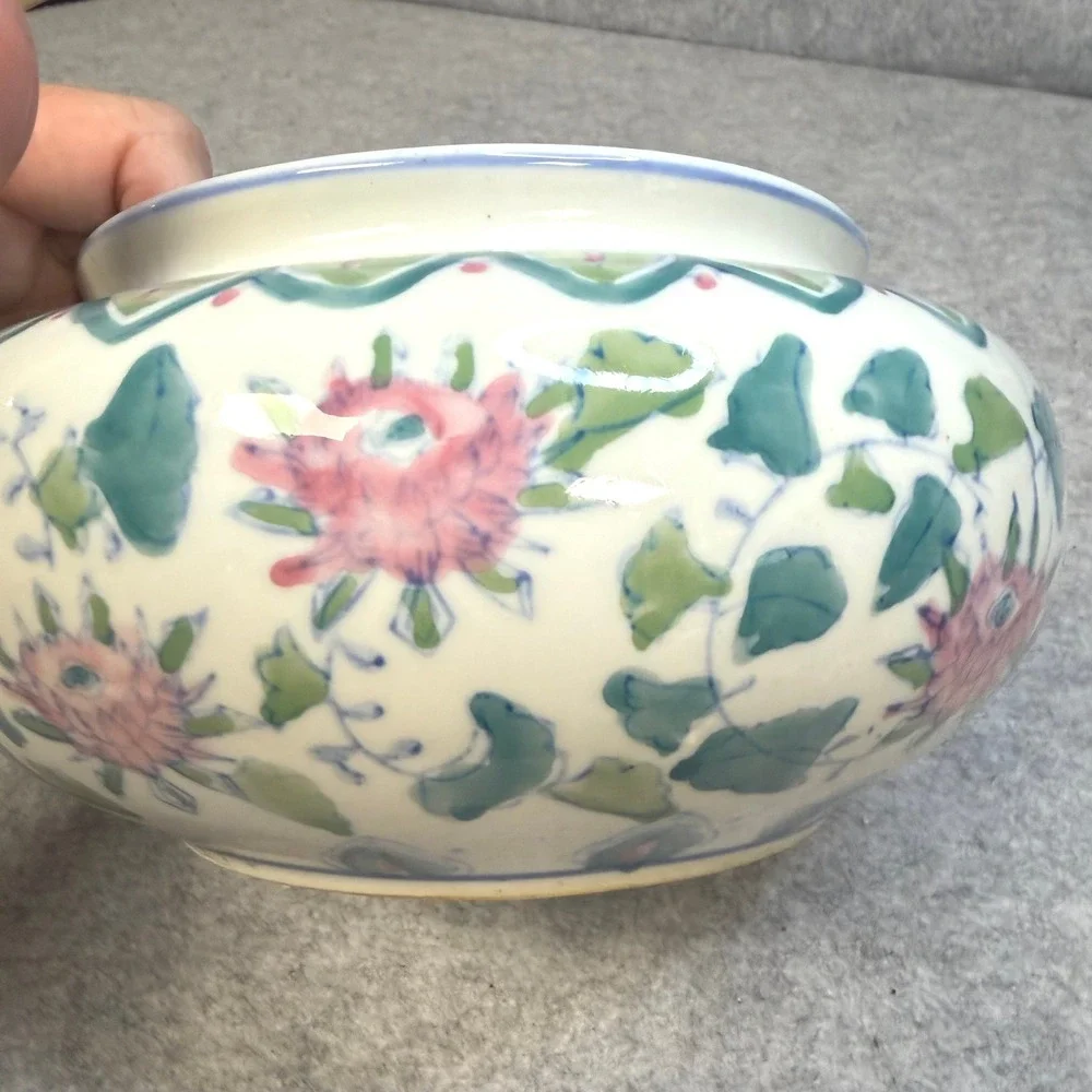 Vintage Chinese Porcelain Floral Bowl Hand Painted Pink Green Lotus Ginger Jar